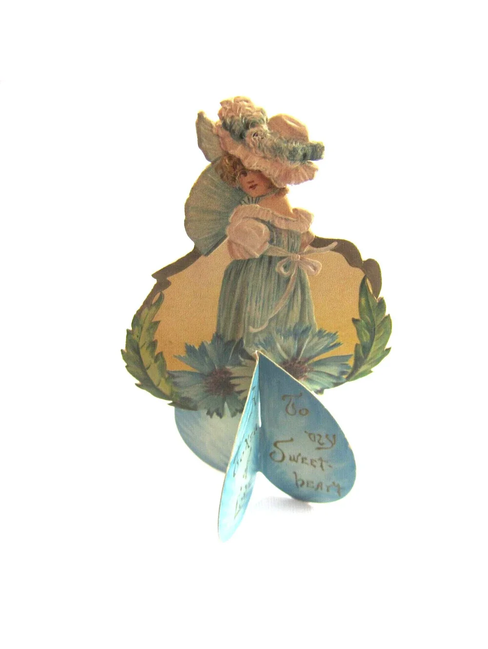 Antique Valentine Card Die Cut Stand Up Girl Hat Fan Blue Dress Flowers UNSIGNED